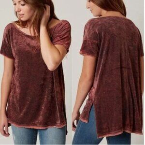 Free People We The Free Doran Wine Burgundy Long Crushed Velvet Raw Hem Top